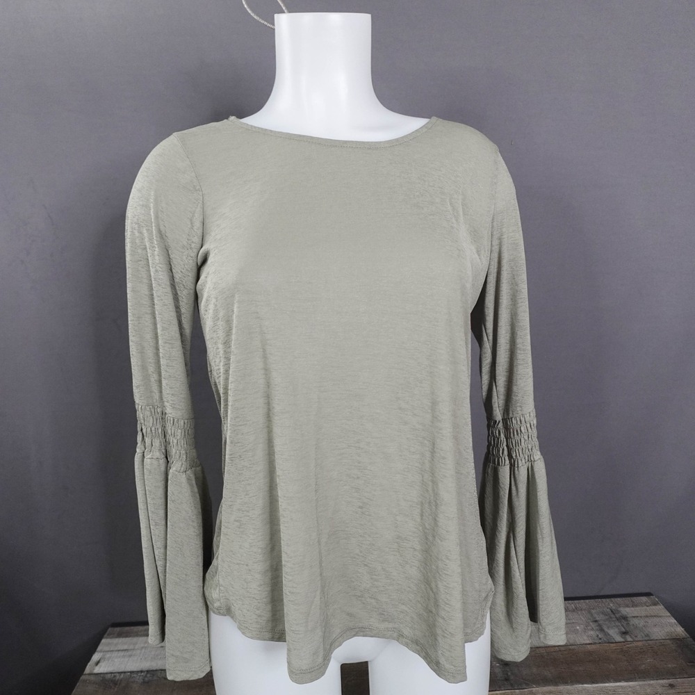 Women Top Medium Green Sheer Light Knit Bell Sleeve Smock Flowy Neutral Minimal